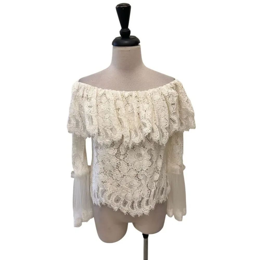 Alexis Women's Laurena Off The Shoulder Lace Ruffle Blouse Top Ivory Size Small